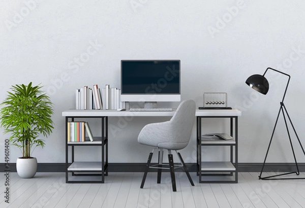 Obraz 3D render of interior modern living room workspace with sofa, desk, desktop computer