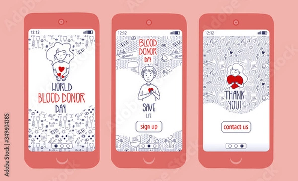 Fototapeta App templates set for World Blood Donor Day. Doodle donation and volunteer landing page. Concept illustration. Vector.