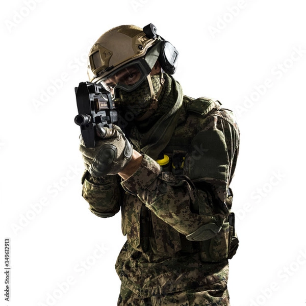 Fototapeta US marine corps soldier with weapon. Shot in studio. isolated with clipping on white background.
