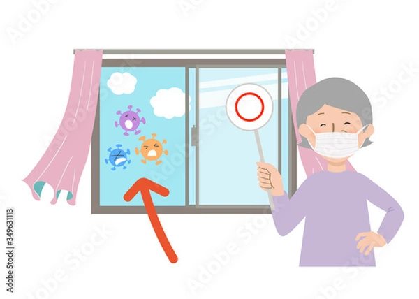 Obraz 丸の札を持ってマスクをするおばあちゃんと窓を開けて換気するとカーテンが揺れるベクターイラスト