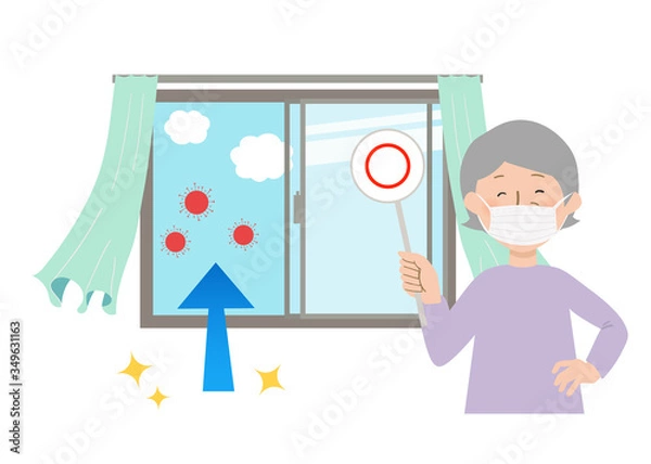 Obraz 丸の札を持ってマスクをするおばあちゃんと窓を開けて換気するとカーテンが揺れるベクターイラスト