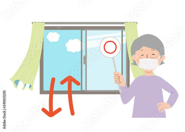 Obraz 丸の札を持ってマスクをするおばあちゃんと窓を開けて換気するとカーテンが揺れるベクターイラスト