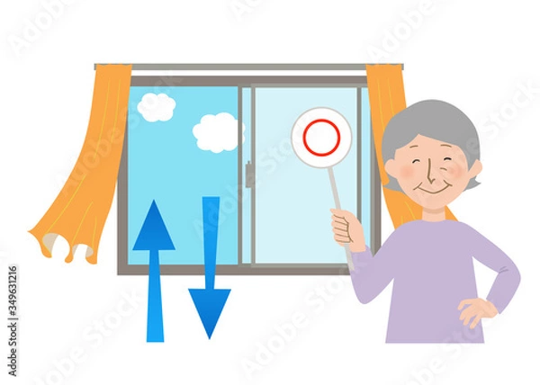 Obraz 丸ばつクイズの札を持ったおばあちゃんと窓を開けて換気するとカーテンが揺れるベクターイラスト