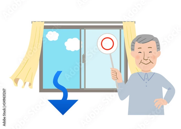 Obraz 丸ばつクイズの札を持ったおじいちゃんと窓を開けて換気するとカーテンが揺れるベクターイラスト