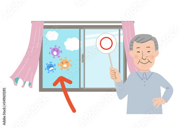 Obraz 丸ばつクイズの札を持ったおじいちゃんと窓を開けて換気するとカーテンが揺れるベクターイラスト