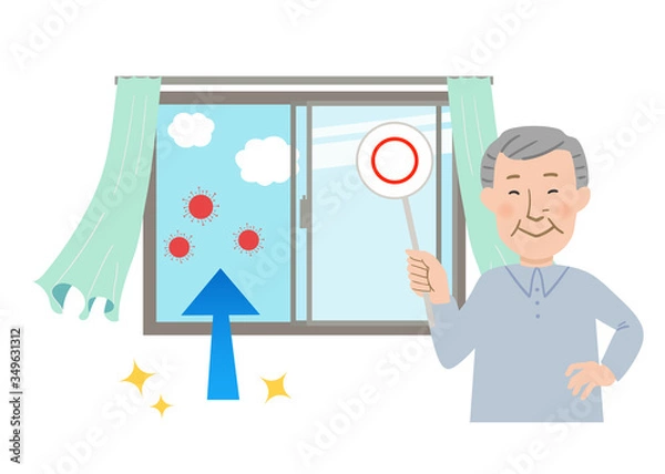 Obraz 丸ばつクイズの札を持ったおじいちゃんと窓を開けて換気するとカーテンが揺れるベクターイラスト