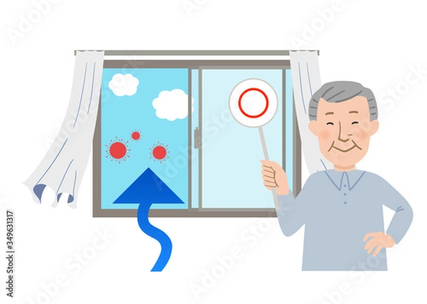 Obraz 丸ばつクイズの札を持ったおじいちゃんと窓を開けて換気するとカーテンが揺れるベクターイラスト