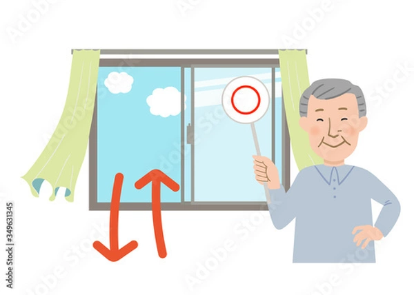 Obraz 丸ばつクイズの札を持ったおじいちゃんと窓を開けて換気するとカーテンが揺れるベクターイラスト