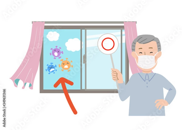 Obraz 丸の札を持ってマスクをするおじいちゃんと窓を開けて換気するベクターイラスト