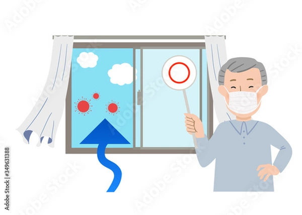 Obraz 丸の札を持ってマスクをするおじいちゃんと窓を開けて換気するベクターイラスト