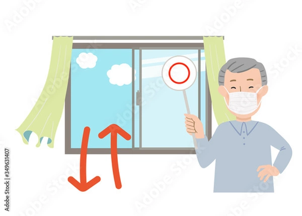 Obraz 丸の札を持ってマスクをするおじいちゃんと窓を開けて換気するベクターイラスト