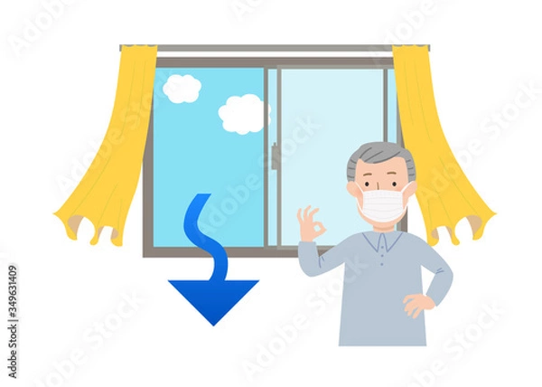 Obraz マスクをしたおじいちゃんと窓を開けて換気するベクターイラスト