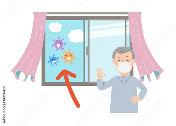 Obraz マスクをしたおじいちゃんと窓を開けて換気するベクターイラスト