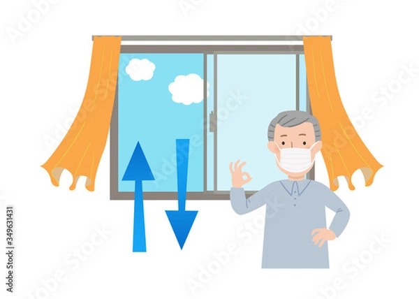 Obraz マスクをしたおじいちゃんと窓を開けて換気するベクターイラスト