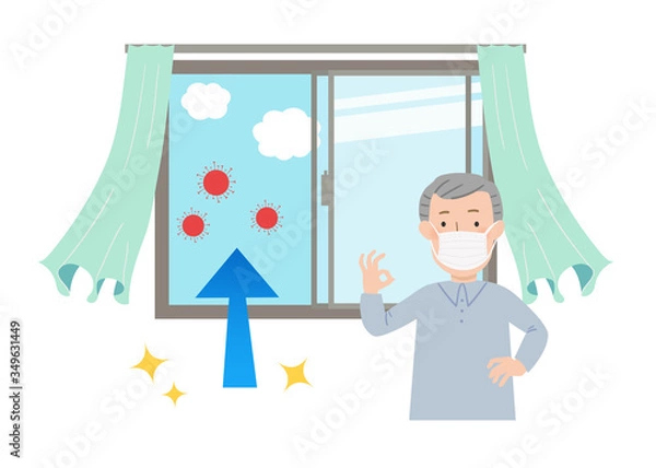Obraz マスクをしたおじいちゃんと窓を開けて換気するベクターイラスト
