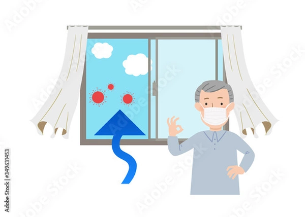 Obraz マスクをしたおじいちゃんと窓を開けて換気するベクターイラスト