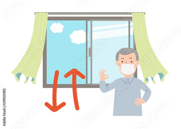 Obraz マスクをしたおじいちゃんと窓を開けて換気するベクターイラスト