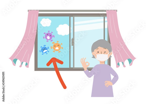 Obraz マスクをしたおばあちゃんと窓を開けて換気するベクターイラスト