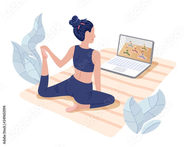 Fototapeta Yoga studios streaming online classes. Girl watching online sport tutorials on a laptop and working out at home. Concept illustration isolated on white.