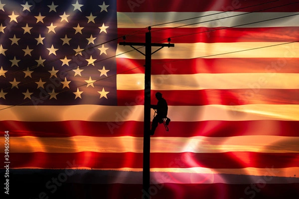 Obraz Lineman Sunset with USA Flag