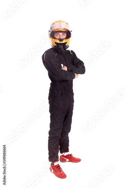 Fototapeta Race car pilot posing isolated