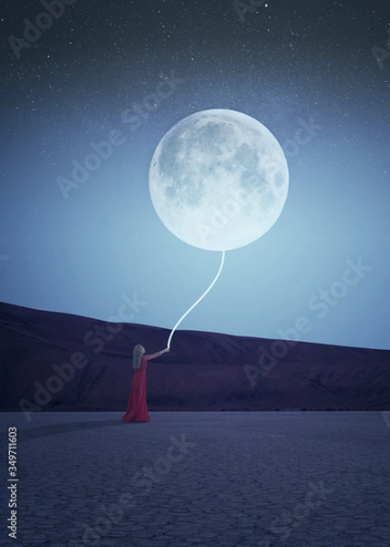 Fototapeta Night scene of a woman in red dress holding a glowing rope attached to a moon in the sky. Fantasy