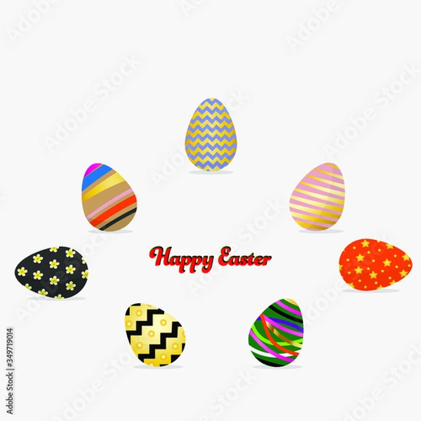 Fototapeta 7 Easter eggs and Happy Easter writer in grey background