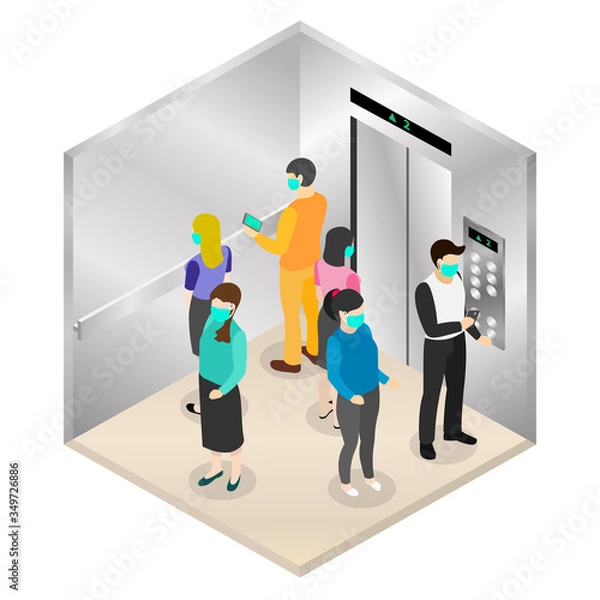 Fototapeta New normal isometric, Social distancing inside elevator for protect pandemic of virus Covid-19, COVID-19 Quarantine. Pandemic Coronavirus Reducing risk of infection.