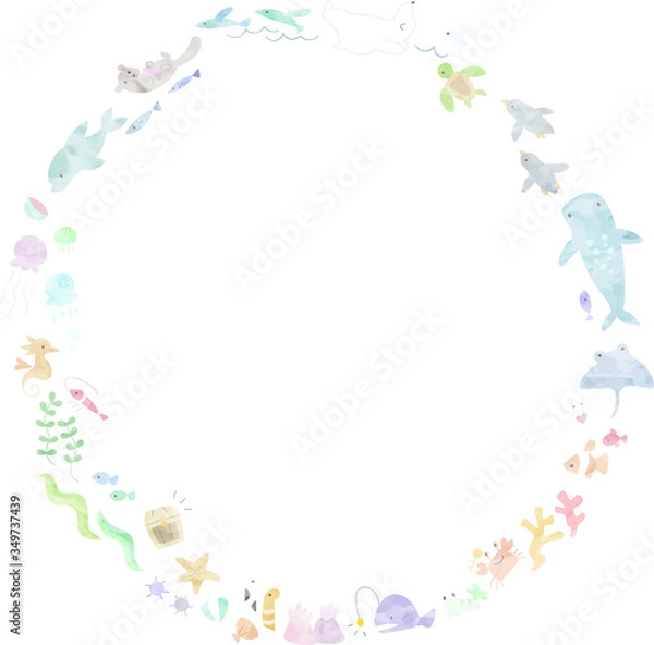 Obraz 水彩風の海の生き物の丸いフレーム