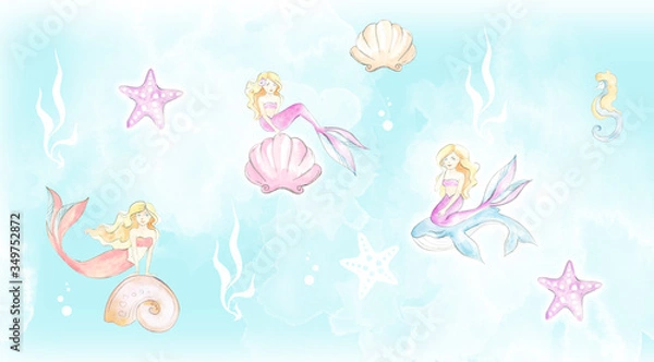 Fototapeta The mermaid pattern in watercolor technique can be used in children's goods, textiles, publications