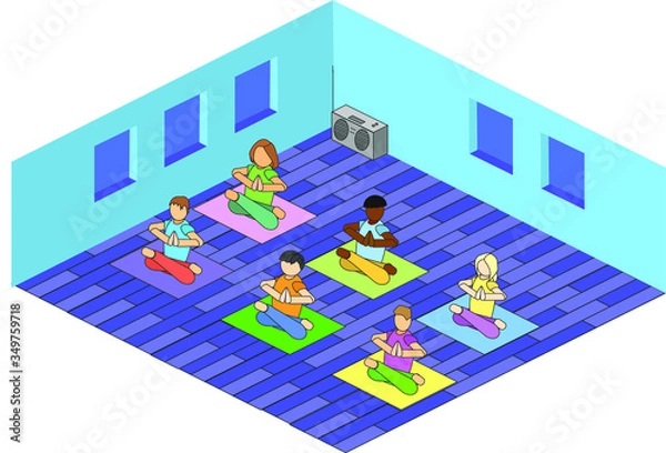 Fototapeta Isometric yoga class. Colorful vector illustration. Simple design