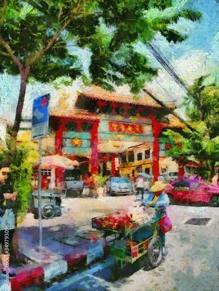 Fototapeta Ancient chinese shrine Illustrations creates an impressionist style of painting.