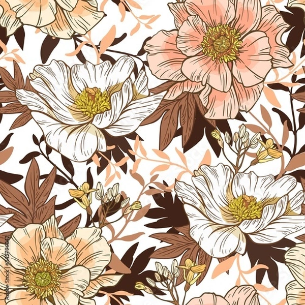 Fototapeta Seamless floral pattern on a white background. Design for wallpaper, fabric, wrapping paper, cover and more. Vector illustration.