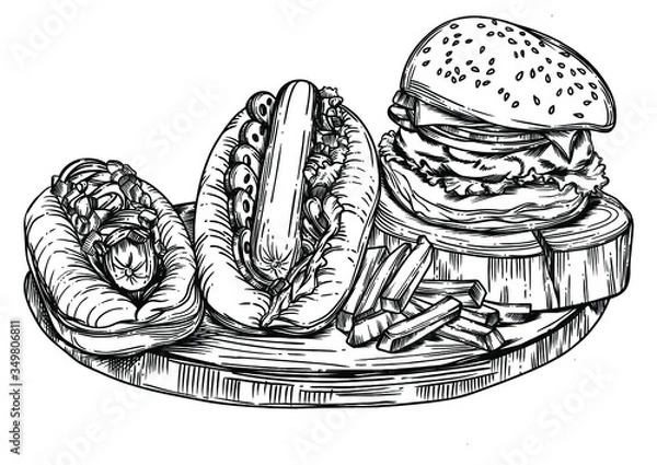 Obraz 
vector illustration of a set of burgers and hot dogs with detailed drawing