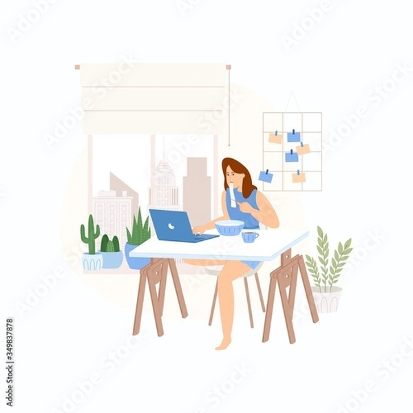 Fototapeta Home office. The girl sitting at the table and working. Woman working at home. Vector illustration in a flat style. 