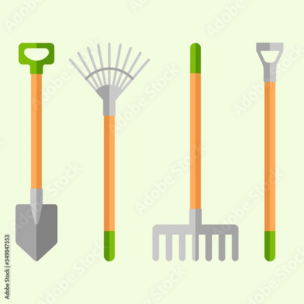 Obraz Gardening tools set. Shovel, rake and hoe flat vector illustrations.