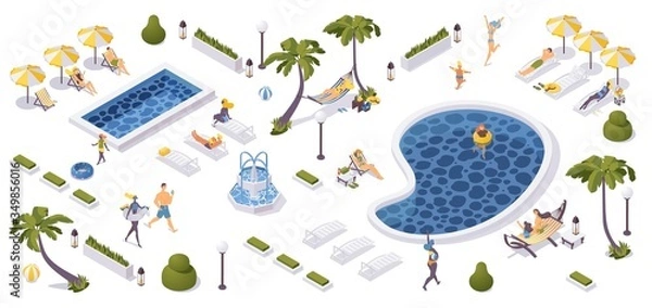 Fototapeta Beach resort concept 3d isometric scene. Tropical palms, pools, loungers and greenery with relaxed people in beachwear and swimwear. Kids and adults walking and having fun