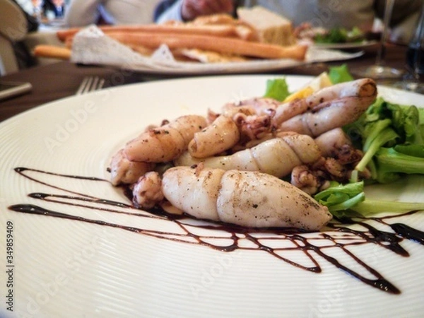 Obraz Sea Food tattlers gourmet in italian restaurant with balsamic modena vinegar and salad