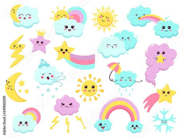 Fototapeta Cute weather emoticons. Funny weather character, hand drawn stars, wind, rainbow and flash, smiling weather signs vector illustration icons set. Colored kawaii, children meteorology lightning rainbow