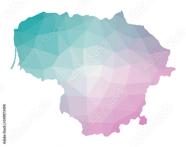 Fototapeta Polygonal map of Lithuania. Geometric illustration of the country in emerald amethyst colors. Lithuania map in low poly style. Technology, internet, network concept. Vector illustration.