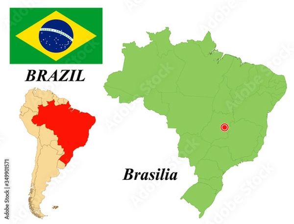 Fototapeta Federal Republic Of Brazil. The Capital Is Brasilia. Flag Of Brazil. Map of the continent of South America with country borders. Vector graphics.