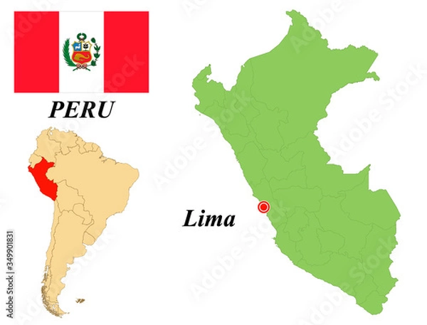 Fototapeta Republic of Peru. The Capital Is Lima. Flag Of Peru. Map of the continent of South America with country borders. Vector graphics.
