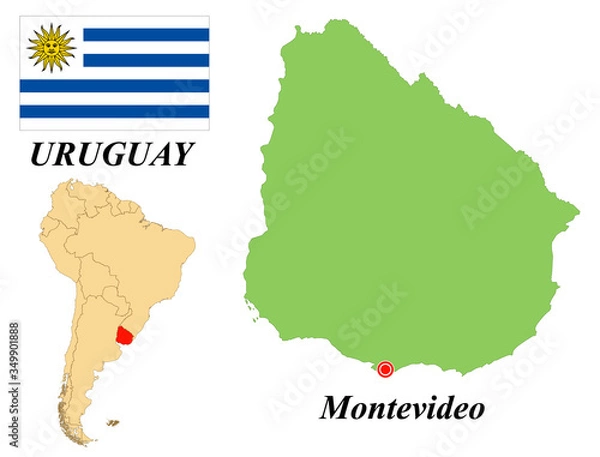 Fototapeta Eastern Republic Of Uruguay. Capital Of Montevideo. Flag Of Uruguay. Map of the continent of South America with country borders. Vector graphics.