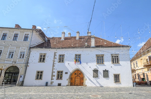 Obraz Matei Corvin or Matthias Corvinus Rex's old house curently home of The University of Arts and Design Cluj-Napoca built in the 15th century in gothic style
