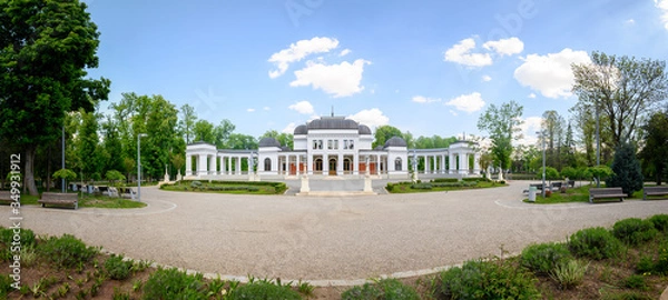 Obraz Panoramic ultrawide distorted image of old baroque casino building in Central Park of Cluj-Napoca, Romania