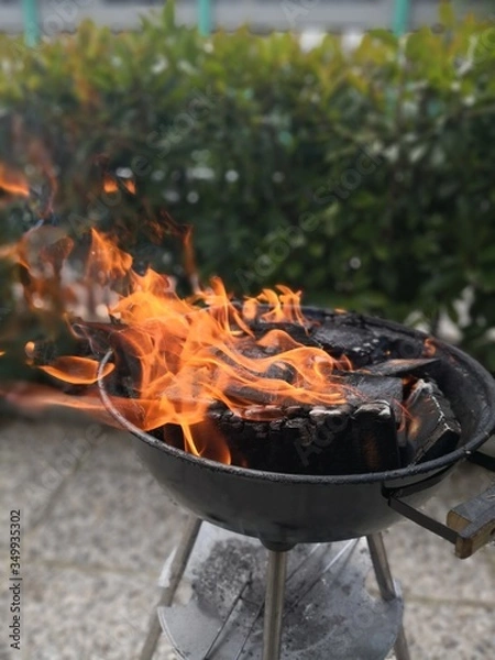 Fototapeta A detail of fire and barbeque