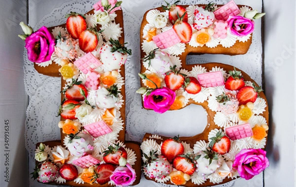 Fototapeta Birthday-anniversary cake number 15. fruit cake in the form of numbers