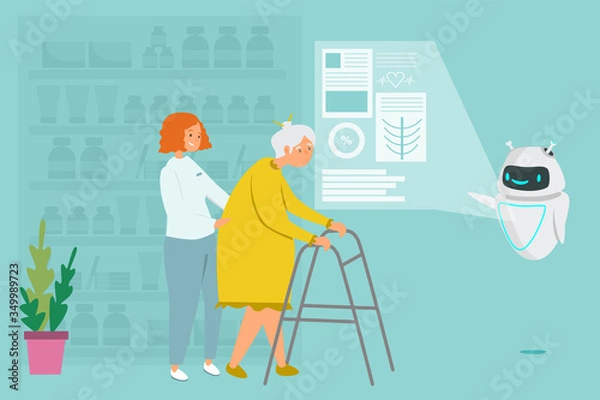 Fototapeta Consultant robot at pharmacy checkout counter vector. Instead of a man, a robot works in pharmacy, сoncept of replacing human labor and smart pharmacy. Robot helps an old woman buy medicine
