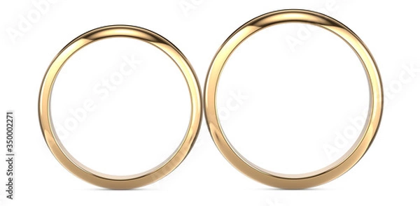 Fototapeta Two golden wedding rings isolated on white, wedding rings background concept. 3D rendering illustration.