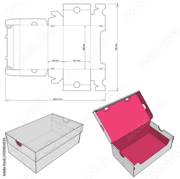 Obraz Shoes Cardboard Box and Die-cut Pattern. The .eps file is full scale and fully functional. Prepared for real cardboard production.